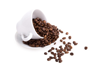 coffee cup and coffee beans on a white background