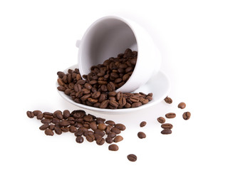 coffee cup and coffee beans on a white background