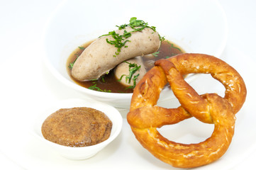 Свиная колбаска в пивном соусе и крендельком