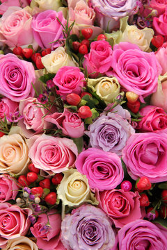 Bridal rose arrangement in various shades of pink