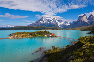 House on the island in the national park Torres del Paine - obrazy, fototapety, plakaty