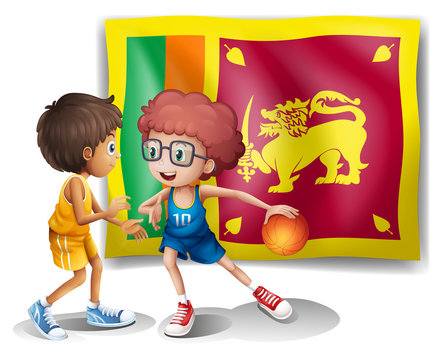 The flag of Sri Lanka with the two basketball players
