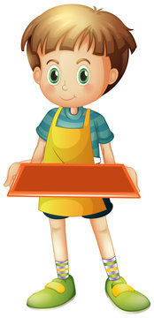 A young waiter holding an empty tray