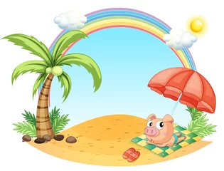 Tableaux ronds sur plexiglas Arc en ciel Un cochon se détendre à la plage