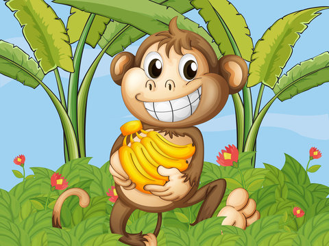 A happy monkey with bananas
