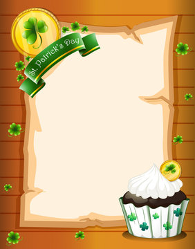 A blank paper with a St. Patrick's Day greeting and a cupcake
