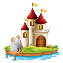 Un prince et une princesse avec un château au fond