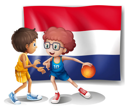 The flag of Netherlands and the basketball players