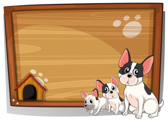 Three dogs in front of a wooden board