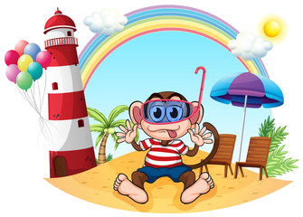 A monkey with goggle at the beach