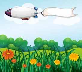 Rolgordijnen Een lege bewegwijzering gedragen door de witte luchtballon © GraphicsRF
