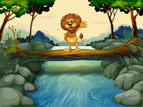 A lion standing at the trunk above the flowing river