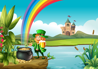 A man and a pot of gold above the trunk across the castle