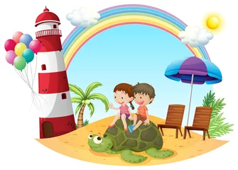 Raamstickers Kinderen spelen met de schildpad aan de kust © GraphicsRF