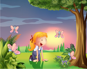 Een meisje in de tuin met vier vlinders