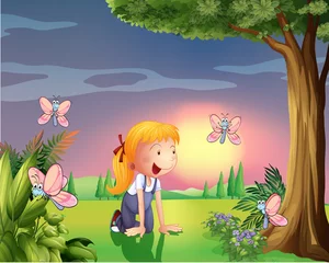 Foto op Plexiglas Een meisje in de tuin met vier vlinders © GraphicsRF