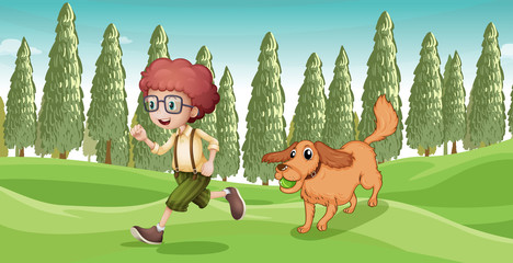 Een jongen en zijn hond spelen in het park