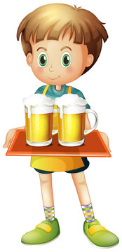 A boy holding a tray of beer