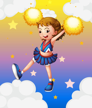 An energetic cheerleader with yellow pompoms