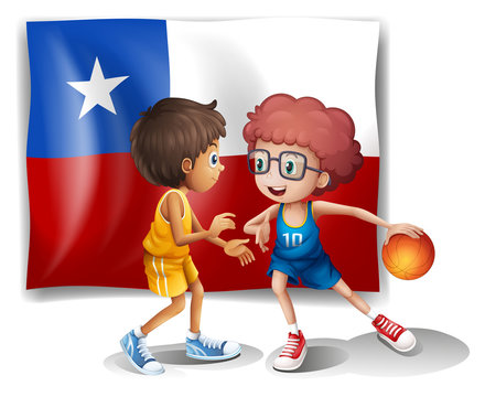 The basketball players in front of the Chile flag