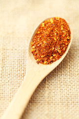 Chili powder on wooden spoon
