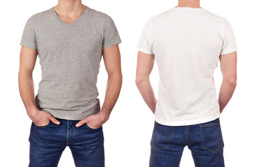 Front and back view of man wearing blank white and gray t-shirt