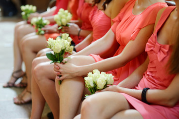 Row of bridesmaids with bouquets - obrazy, fototapety, plakaty