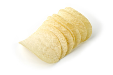 Potato chips close-up, isolated over white