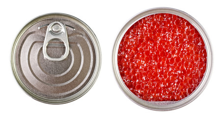 Red caviar in metal tin isolated over white