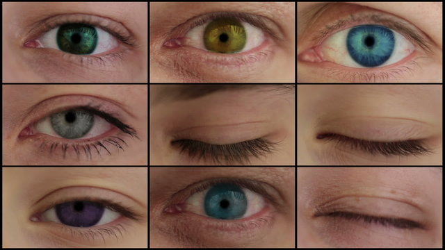 Nine different colored eyes. HD montage