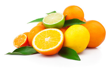 Fototapeta na wymiar Set of fresh citrus fruits with green leaves, isolated on