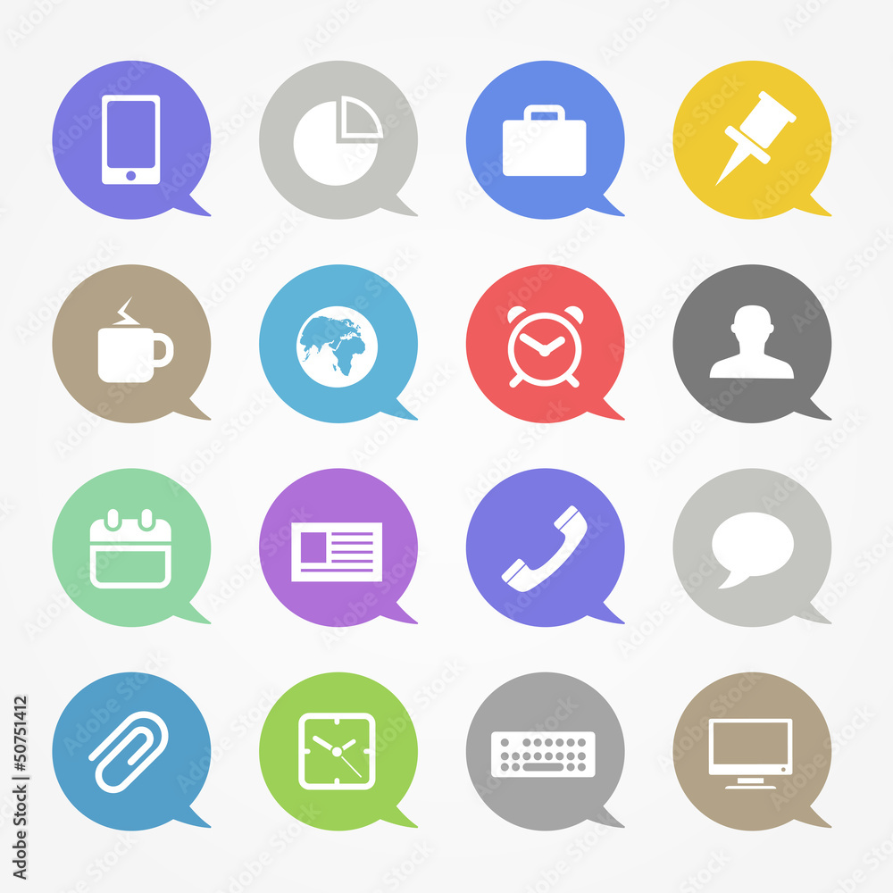 Poster business web icons set in color speech clouds