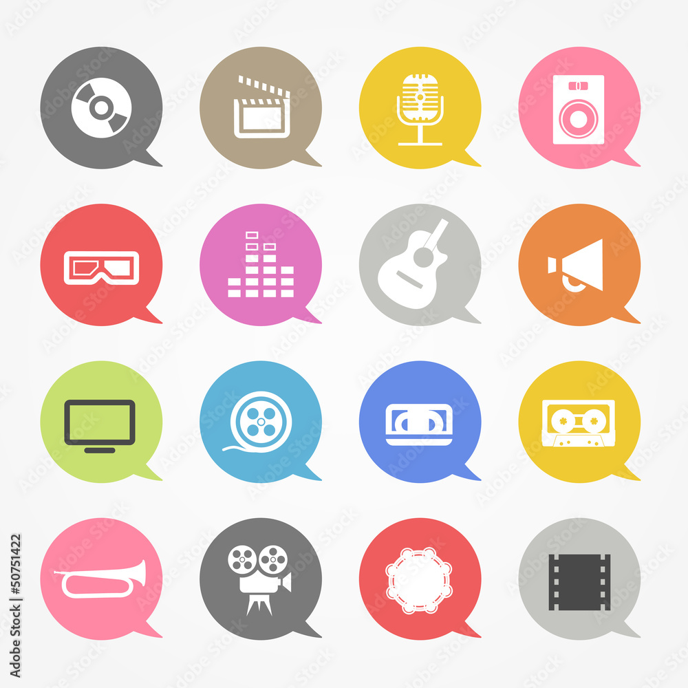 Poster media web icons set in color speech clouds