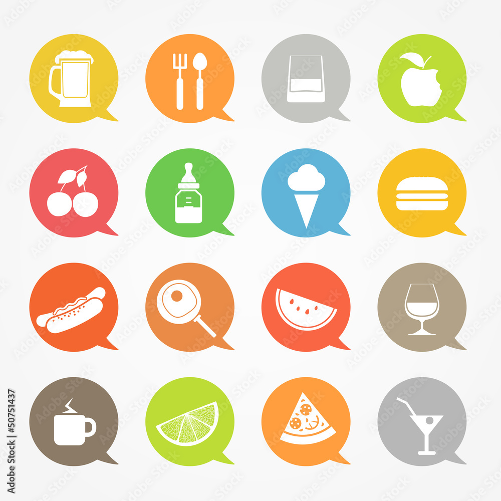 Aufkleber food web icons set in color speech clouds