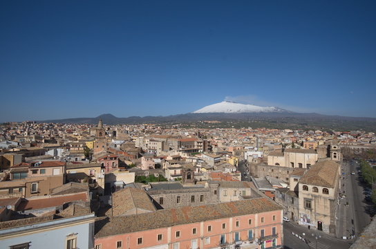 houses of Adrano with Etna voltano at the horizon