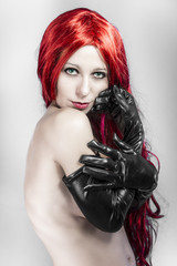 Lady in red wearing large black gloves, nude woman