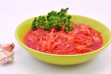 Ukrainian borsch, garlic and parsley