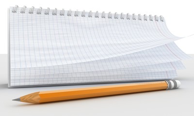 Notebook and pencil on white ôîíåâ 3-d visualization