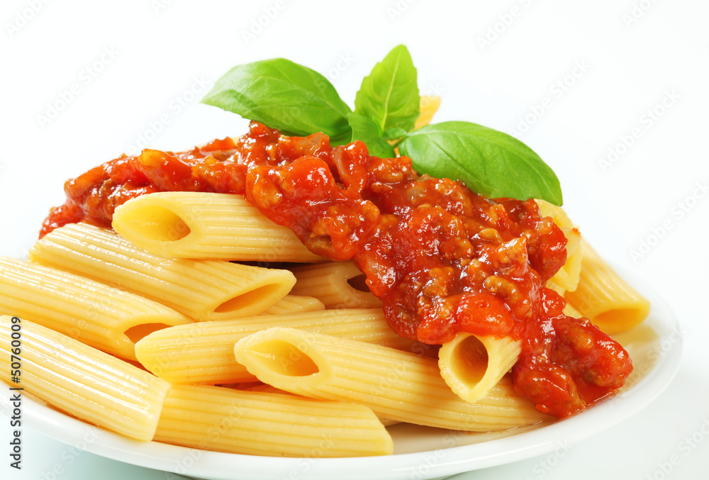 Poster penne with meat tomato sauce