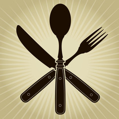 Vintage styled knife, fork and spoon / Restaurant Seal