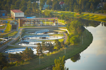 Waste water treatment plant at the sunrise, Prague