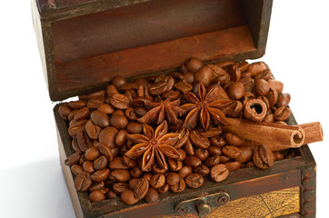 coffee beans and cinnamon sticks inside a  chest