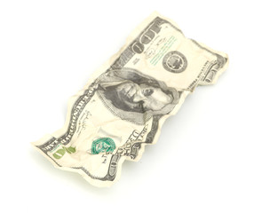 crumpled hundred dollar isolated on white background