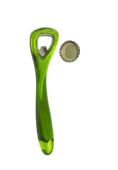 green bottle opener with cap on a white background