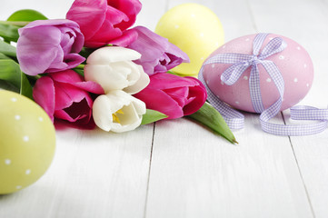 Easter eggs and tulips