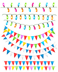 Strings of holiday lights and birthday flags white background. V