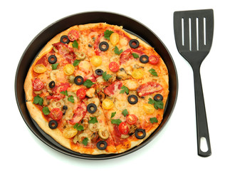 Delicious pizza with seafood in the frying pan isolated on