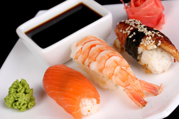 delicious sushi served on plate close-up