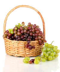Delicious ripe pink and green grapes in basket isolated on