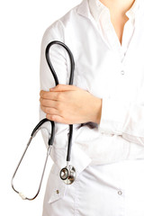 Doctor with stethoscope in hands isolated on white